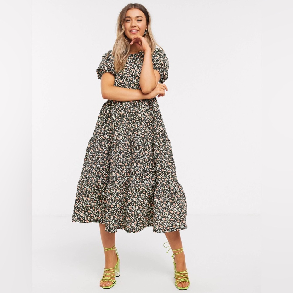 ASOS Design Midi Tiered Smock Midi Dress in Black Floral Print Size 8
